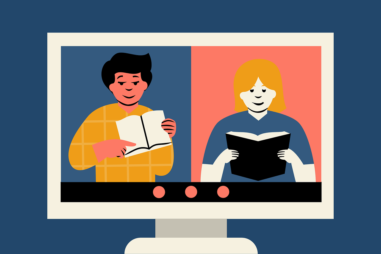 本を開きながらWeb会議ツールで対話する人たち