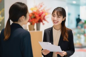 笑顔で話すビジネスウーマン