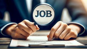 「JOB」と描かれた虫眼鏡を手に持つスーツ姿の男性